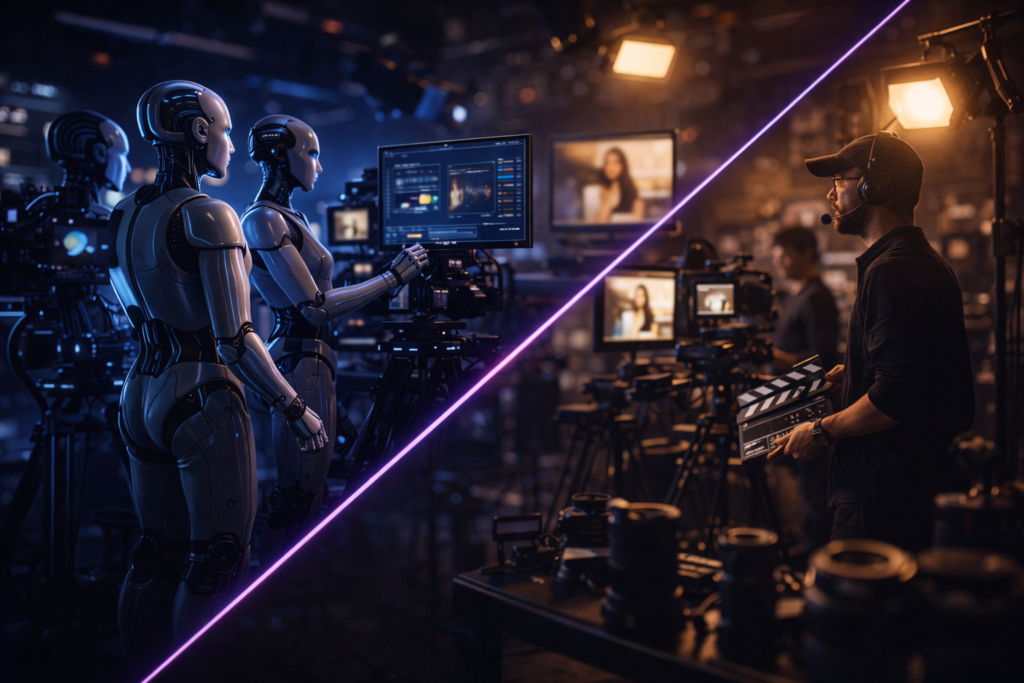 AI and human film crews working side by side on a cinematic video production set, showcasing AI-powered filmmaking for advertising.